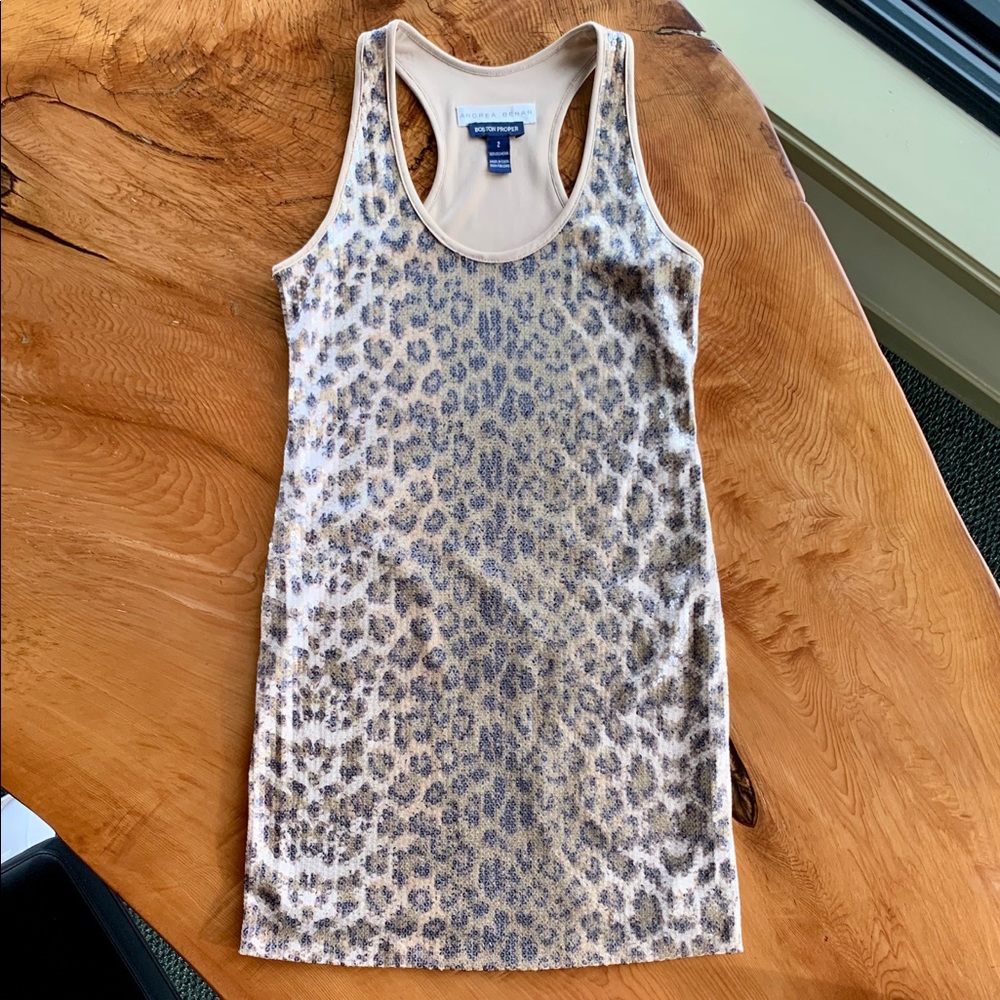 Andrea Behar Leopard Sequin Racerback Mini Dress